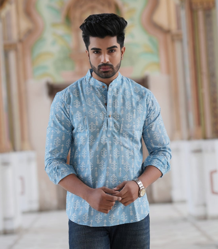 Men’s Blue Hand Printed Cotton Shirt
