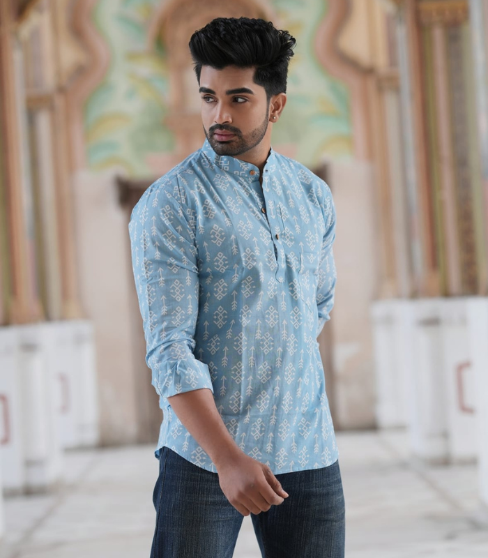 mens-blue-hand-printed-cotton-shirt-side-angle.jpg Men wearing blue hand printed cotton shirt in full length ethnic casual look