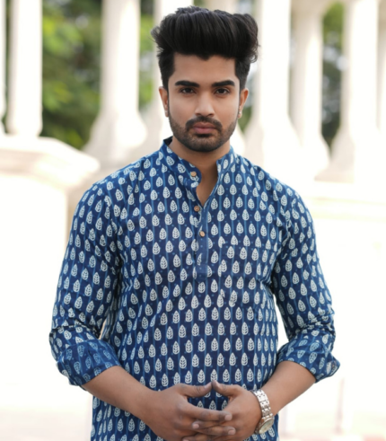 Men wearing indigo blue printed kurta style shirt