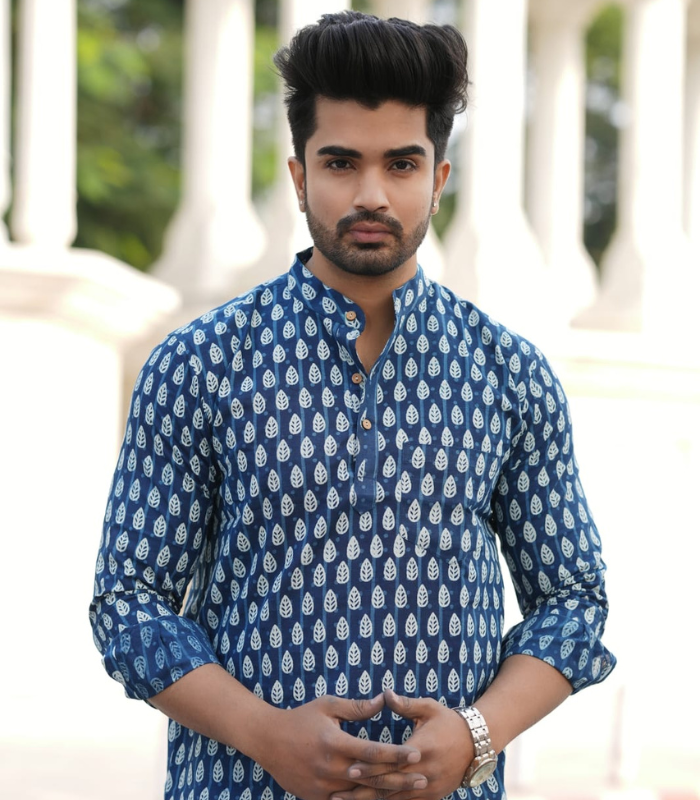 Men wearing indigo blue printed kurta style shirt