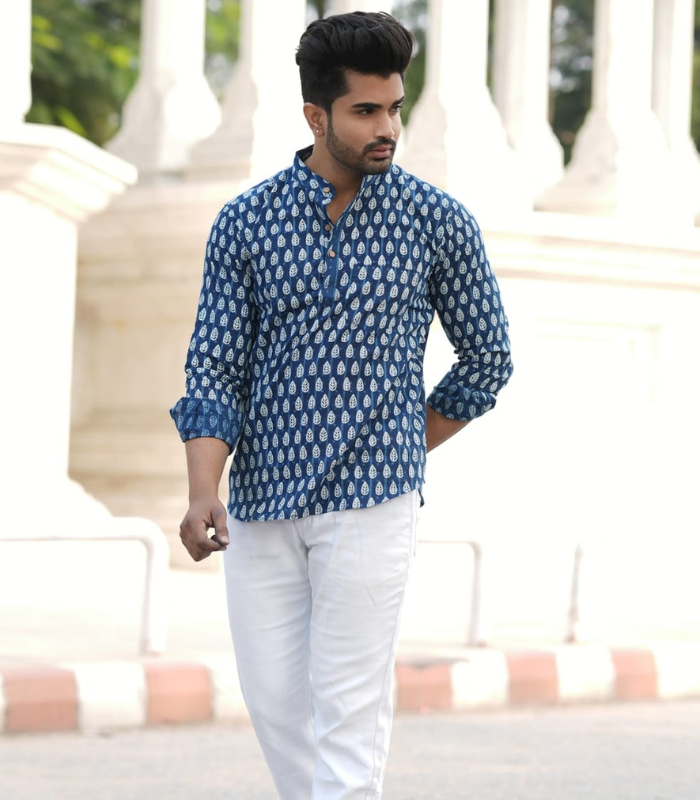Men’s blue printed cotton kurta shirt with mandarin collar for casual wear