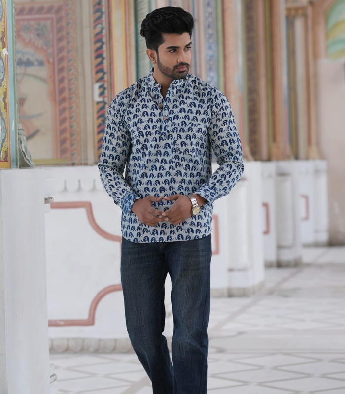 Chiraj men handblock Bagru elephant print cotton shirt front view