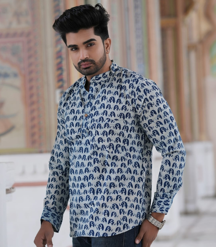 Chiraj handblock Bagru printed cotton shirt for men blue elephant print